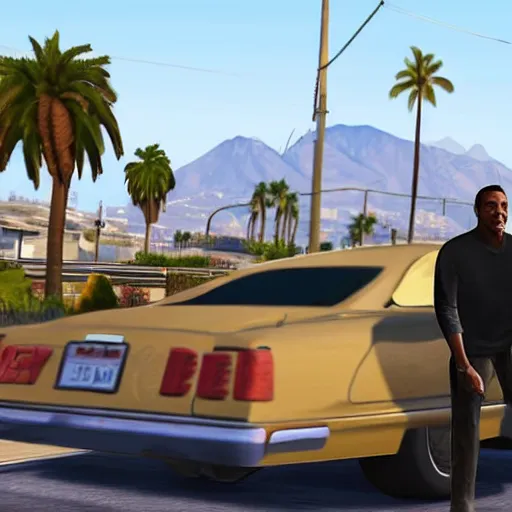 Image similar to Eddie Murphy in GTA V. Los Santos in the background, palm trees. In the art style of Stephen Bliss