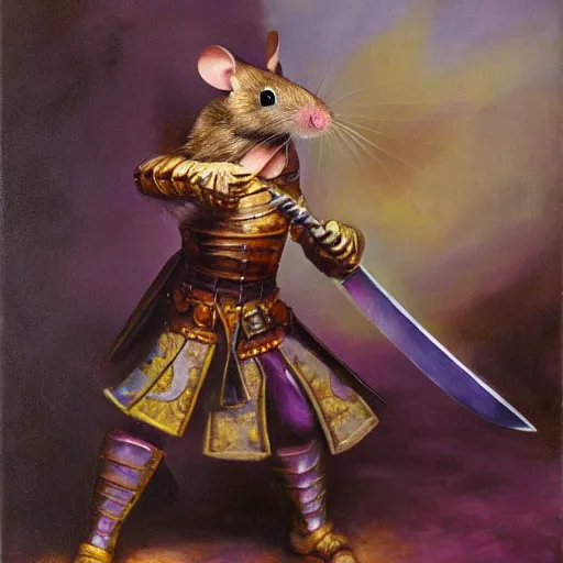 Image similar to armored mouse warrior holding a sword reaches for a floating purple crystal, Oil Painting, RPG Portrait, 8k scan