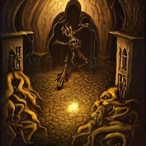 Prompt: Necromancer creating his first phylactery in the depths of a crypt, high quality dark gothic painting
