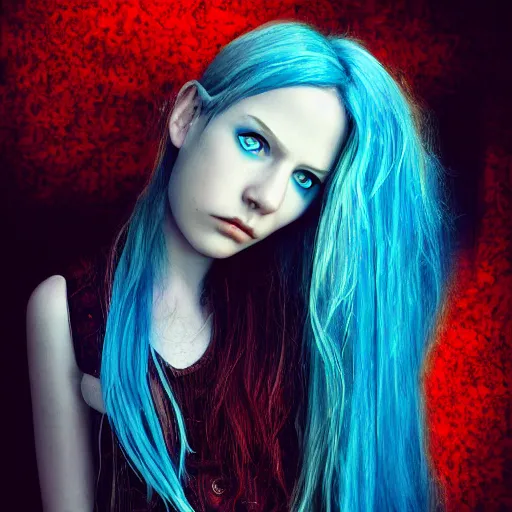 Image similar to portrait of young girl half dragon half human, dragon girl, dragon skin, dragon eyes, dragon crown, blue hair, long hair, highly detailed, cinematic lighthing, By David Lynch