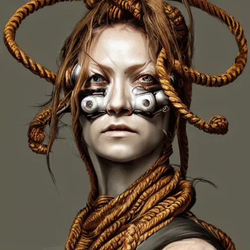 Image similar to portrait of a Shibari rope wrapped face and neck, headshot, insanely nice professional hair style, dramatic hair color, digital painting, of a old 17th century, old cyborg merchant, amber jewels, baroque, ornate clothing, scifi, realistic, hyperdetailed, chiaroscuro, concept art, art by Franz Hals and Jon Foster and Ayami Kojima and Amano and Karol Bak,