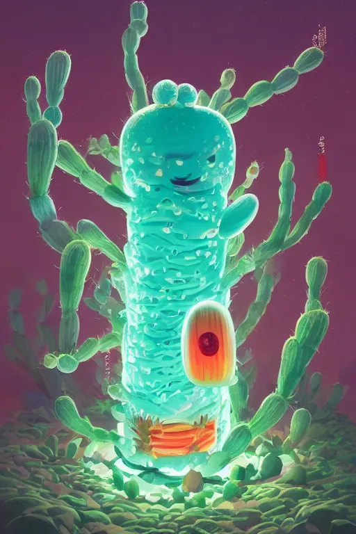 Image similar to roots cactus sushi cristal smurf ghost creature animal sushi cristal very big eye roots cactus elemental flush of force nature micro world fluo fishscale, behance hd by jesper ejsing, by rhads, makoto shinkai and lois van baarle, ilya kuvshinov, rossdraws radiating a glowing aura global illumination ray tracing hdr