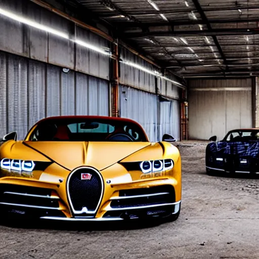 Image similar to an abandoned, derelict, rusty bugatti chiron in a dirty warehouse