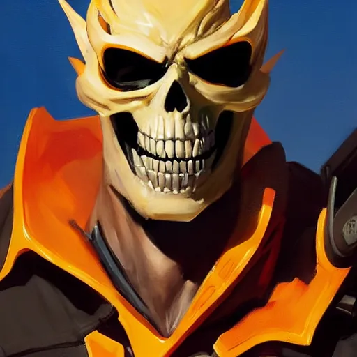 Prompt: greg manchess portrait painting of ghost rider as overwatch character, medium shot, asymmetrical, profile picture, organic painting, sunny day, matte painting, bold shapes, hard edges, street art, trending on artstation, by huang guangjian and gil elvgren and sachin teng