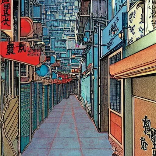 Prompt: an alley in hong kong, art by moebius