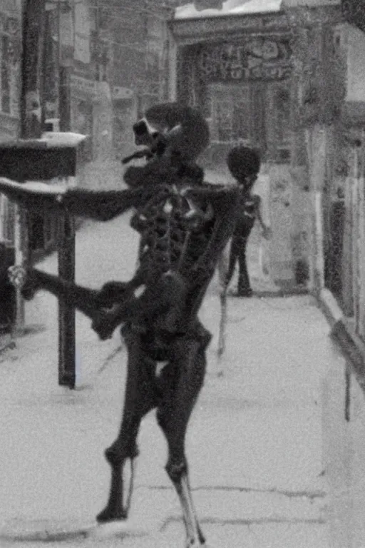 Image similar to still from vhs! footage of skeleton nerve!! cryptid! walking down street