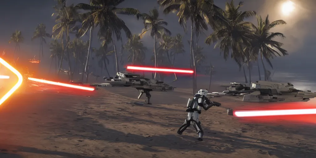 Prompt: screenshot of shore trooper, on scarif, ea star wars battlefront 2015, shooting lazers, highly detailed