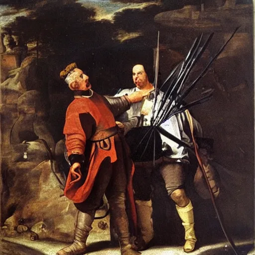 Prompt: Turning and turning in the widening gyre, the falcon cannot hear the falconer, painted by Diego Velazquez