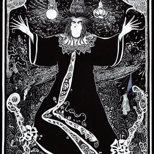 Image similar to black and white pen and ink!!!!!!! Suprani!!!!! wizard Nick Drake wearing High Royal flower print robes flaming!!!! final form flowing ritual royal!!! Contemplative stance Vagabond!!!!!!!! floating magic swordsman!!!! glides through a beautiful!!!!!!! Camellia!!!! Tsubaki!!! death-flower!!!! battlefield behind!!!! dramatic esoteric!!!!!! Long hair flowing dancing illustrated in high detail!!!!!!!! by Hiroya Oku!!!!!!!!! graphic novel published on 2049 award winning!!!! full body portrait!!!!! action exposition manga panel black and white Shonen Jump issue by David Lynch eraserhead and beautiful line art Hirohiko Araki!! Frank Miller, Kentaro Miura!, Jojo's Bizzare Adventure!!!! 3 sequential art golden ratio technical perspective panels horizontal per page