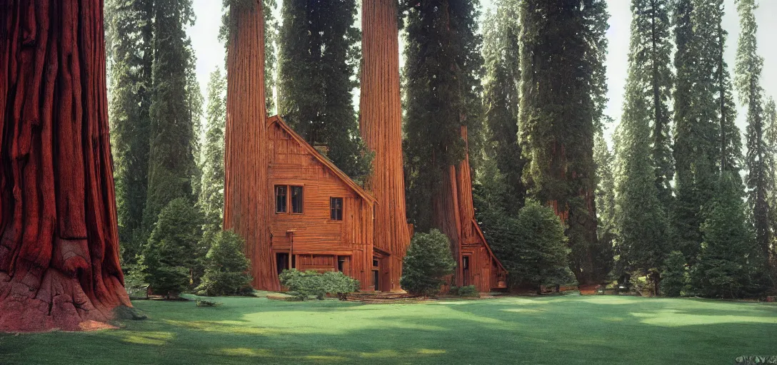 Image similar to house built into and inside a single giant sequoia. color photograph by jerry uelsmann. fujinon premista 1 9 - 4 5 mm t 2. 9. portra 8 0 0.