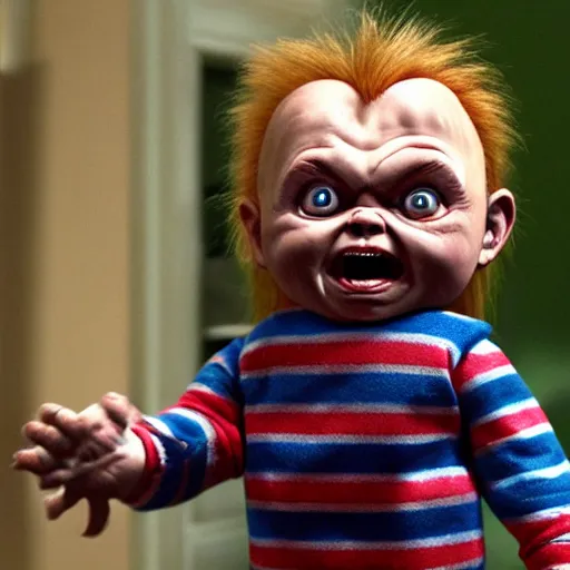 Image similar to chucky doll screaming at george rr martin