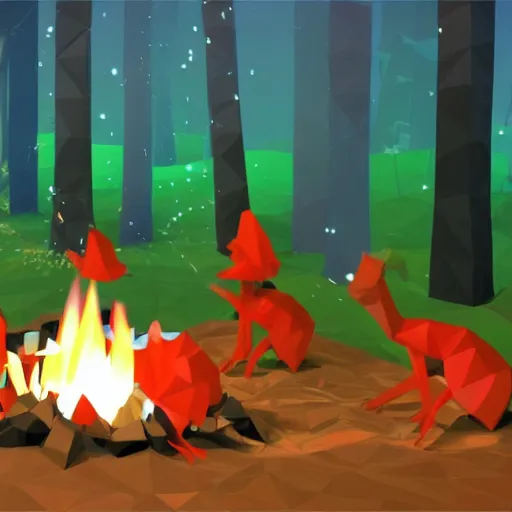 Prompt: real footage of low poly shrimps dancing around a campfire on the forest at night