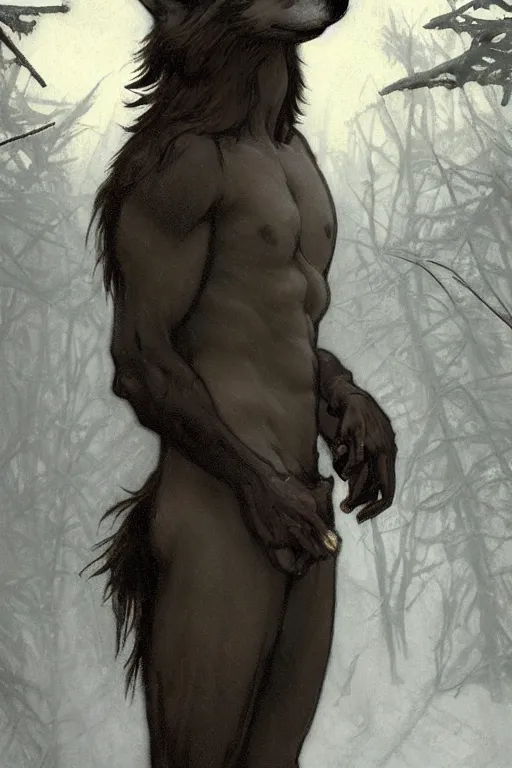 Image similar to full figure beautiful young fit antrophomorphic male wolf, bared teeth and long claws, dark scene, by greg rutkowski and alphonse mucha, d & d character, gradient black to silver, in a snow covered forest at night, highly detailed portrait, digital painting, artstation, concept art, smooth, sharp focus illustration, artstation hq