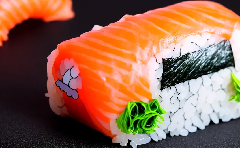 Image similar to very cute anime girl that is rolled up in a big piece of sushi, head sticking out of a sushi roll, nori, full body shot, cinematic wallpaper, highly detailed, clear, sharp, 4 k, 8 k