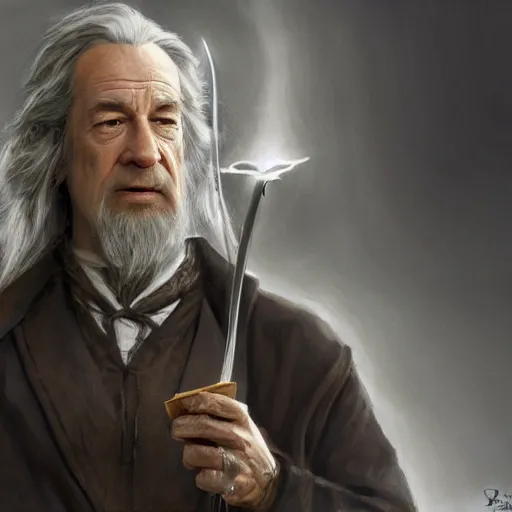 Image similar to Movie still of Saul Goodman as Gandalf holding a phone, fantasy, highly detailed, digital painting, artstation, concept art, sharp focus, illustration, art by Tony Sart and artgerm and randy vargas