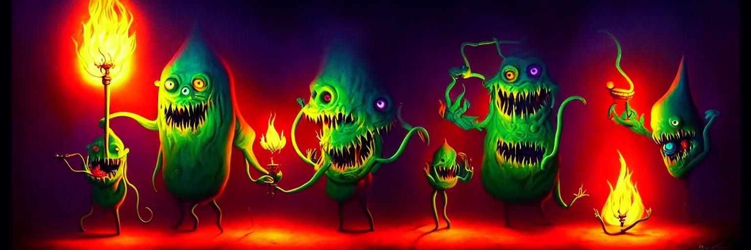 Prompt: whimsical monsters from the depths of the imagination, dramatic lighting from fire glow, surreal dark uncanny painting by ronny khalil