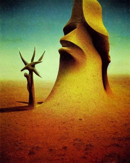 Prompt: surrealist pagan monument in the desert, strange surrealism, clean, in the style of surrealism by surrealistic beksinski dali, very bright colors