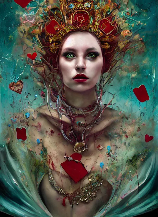 Image similar to queen of hearts, solarpunk style, highly detailed, cinematic, 8 k, by megan duncanson, benjamin lacombe, adrian borda, stanley artgermm, tom bagshaw, craig mullins, carne griffiths, ayami kojima, beksinski, giger, trending on deviantart, hyper detailed, horror, full of colour