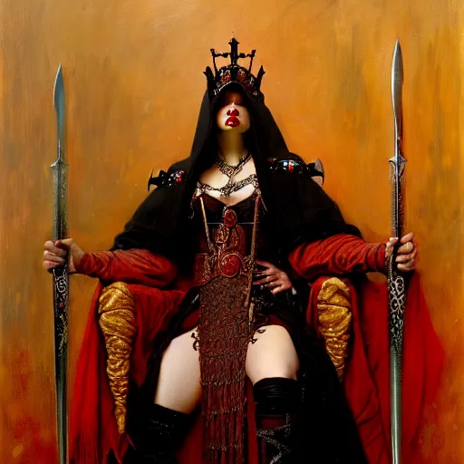 Prompt: full body portrait of red skinned, masked queen in black gothic robes sitting on a throne of swords, elegant, highly detailed painting by gaston bussiere, craig mullins, j. c. leyendecker, 8 k, mid shot