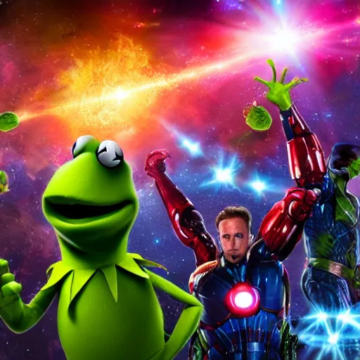 Image similar to the avengers battle one kermit the frog in space, galaxy, hd, 8 k, explosions, gunfire, lasers, giant, epic, colorful, realistic photo, unreal engine, stars, prophecy, powerful, cinematic lighting, destroyed planet, debris, justice league, movie poster, violent, sinister, ray tracing, dynamic, print, epic composition