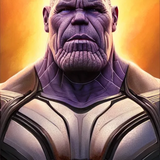 Image similar to josh brolin thanos closeup portrait, dramatic light, lake background, 2 0 0 mm focal length, painted by stanley lau, painted by greg rutkowski, painted by stanley artgerm, digital art, trending on artstation