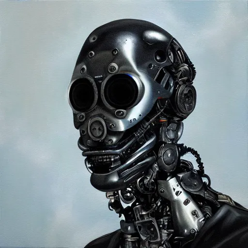 Image similar to a realistic oil painting of a black man as a cybernetic cyborg, surrealism portrait, surrealism album cover