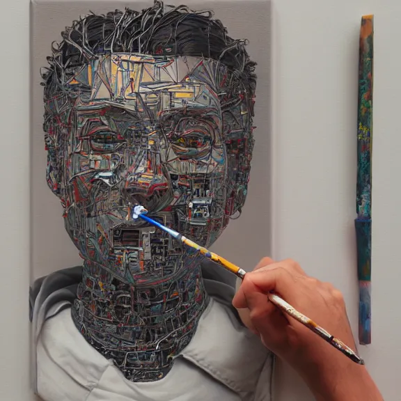 Image similar to robot artist painting a self - portrait on a canvas. intricate, highly detailed, photorealistic, film still, by alexandros pyromallis, sachin teng, hans thoma.