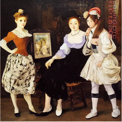 Image similar to oil painting with visible thick brushstrokes, tonal, renaissance, rococo, baroque, manga, creepy young ladies wearing manga dress in the style of manet