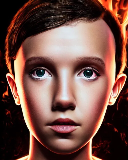 Image similar to Poster Portrait of Millie Bobby Brown with fire eyes, dramatic lighting