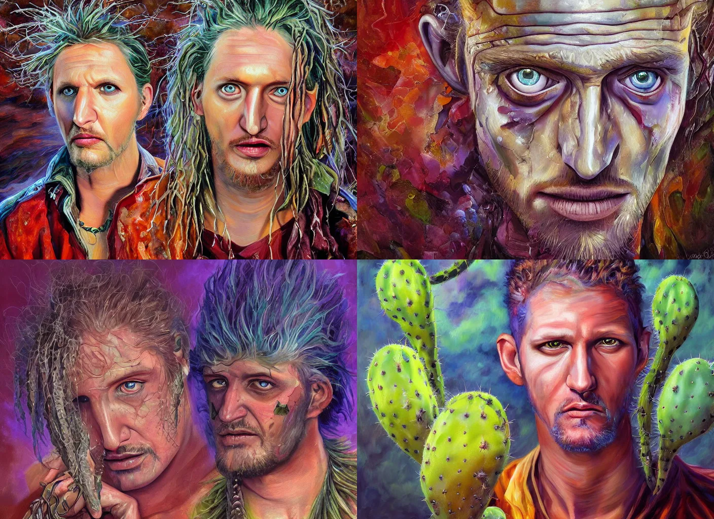 Prompt: layne staley portrait, peyote cactus desert, oil painting of gloomy abstract surrealist forms by yvonne mcgillivray by mandy jurgens by michael divine, powerful eyes glowing highly detailed painting of gloomy, spiritual abstract forms, symmetrical, artstation, abstract emotional rage expression, fantasy digital art, patterned visionary art, by michael divine, cosmic nebula