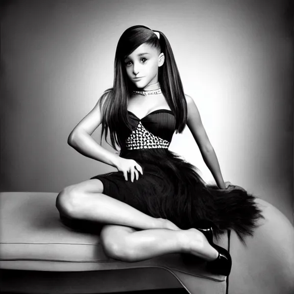 Image similar to award winning photo of Ariana Grande on a chesterfield lounge, symmetrical face, beautiful eyes, studio lighting, wide shot art by Sally Mann & Arnold Newman