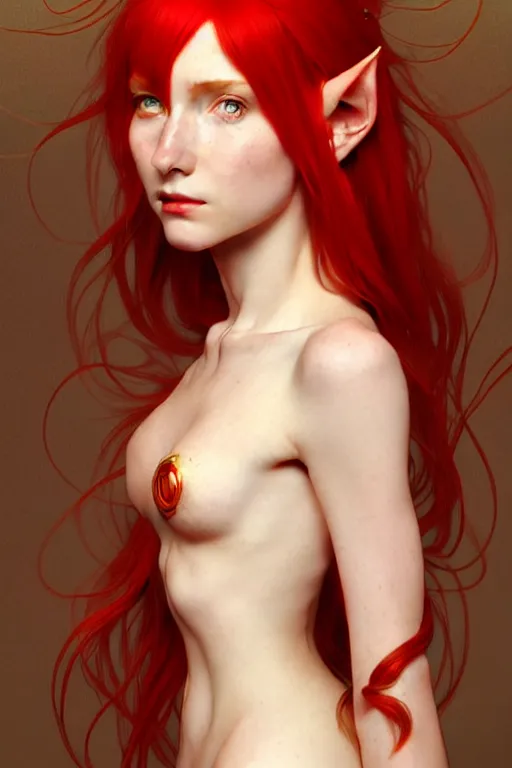 Image similar to portrait of a red - haired elf using the golden ratio, highly detailed, digital painting, artstation, sharp focus, illustration, art by tan zi and ayanamikodon and alphonse mucha and wlop