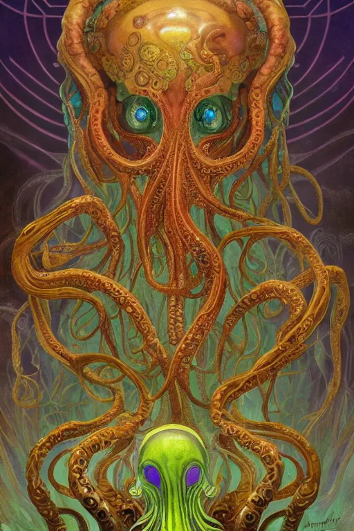 Prompt: psychedelic organic cthulhu mindflayer, gems jewels, diffuse lighting, fantasy, intricate, elegant, highly detailed, lifelike, photorealistic, digital painting, artstation, illustration, concept art, smooth, sharp focus, art by John Collier and Albert Aublet and Krenz Cushart and Artem Demura and Alphonse Mucha