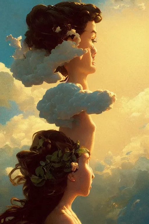 Prompt: she had a gorgonzola brain that dreamed of flying in the clouds, golden hour, mystical, smooth, sharp focus, fantasy, 85mm, DOF, art by Caravaggio, Greg rutkowski, Sachin Teng, Thomas Kindkade, Alphonse Mucha, Norman Rockwell, Tom Bagshaw