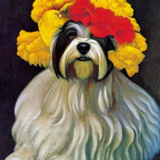 Image similar to portrait of a havanese dog with marigolds by diego rivera 1 9 3 5