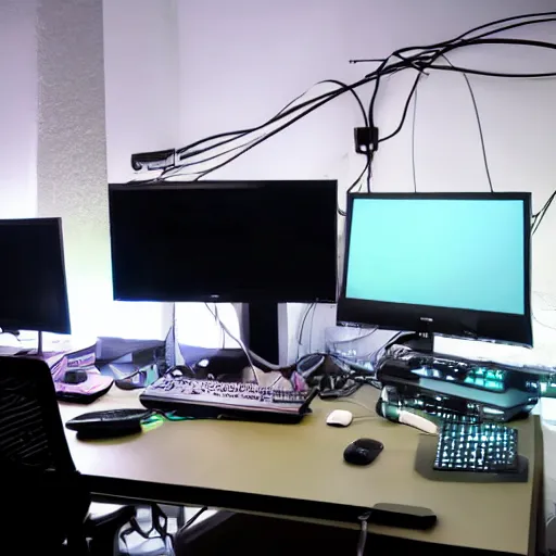 Prompt: desk with a dozen monitors, high tech, dark room, neon backlights, tower pc, cables glowing