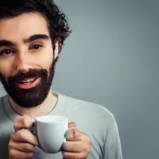 Image similar to a man drinking coffee except his eyes are missing