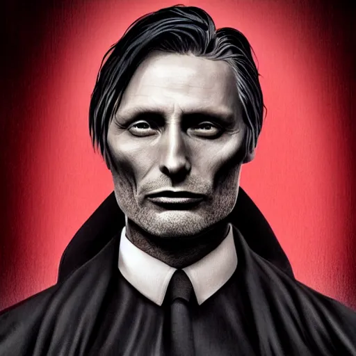 Image similar to mads mikkelsen as a vampire, male, late - 4 0 s aged, shoulder blade length, slicked black hair, red irises, clean shaven, wearing a cape, regal, royal, grim facial expression, high medieval fantasy, full color digital art, cinematic shot, full body shot.