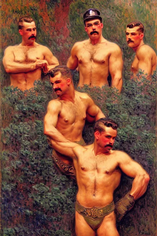 Image similar to attractive male firefighters of boston, painting by tom of finland, gaston bussiere, craig mullins, j. c. leyendecker, claude monet