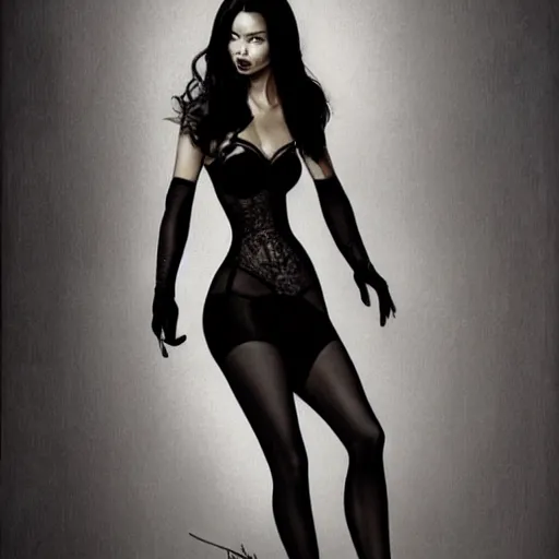 Image similar to adriana lima wearing wolford tights and loubouton heels, an ultrafine detailed painting, centered full body, featured on deviantart, fantasy art, detailed painting, anime