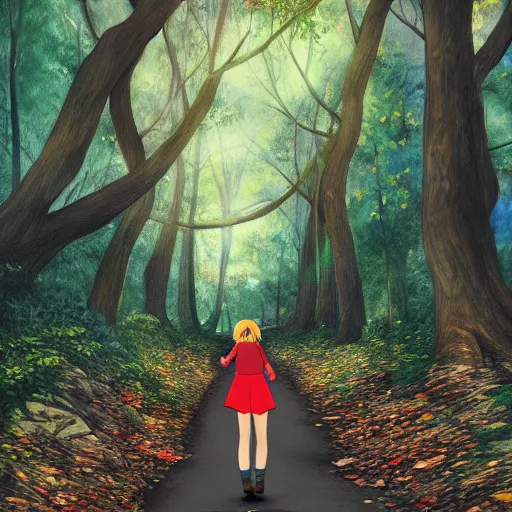 Prompt: A happy anime girl skipping down a path in a forest, anime shading, digital art, hyper-realistic