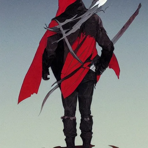 Prompt: view from the back shadow warrior holding twin swords, male villian, full body worn out torn cape, red hoodie, worn out clothes, floating spiral sand, desert, full body shot, anime style, 90's modern art, art by artgerm and greg rutkowski and alphonse mucha