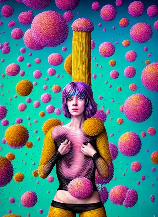 Image similar to hyper detailed 3d render like a Oil painting - Ramona Flowers with black hair in thick mascara seen Eating of the Strangling network of colorful yellowcake and aerochrome and milky Fruit and Her delicate Hands hold of gossamer polyp blossoms bring iridescent fungal flowers whose spores black the foolish stars by Jacek Yerka, Mariusz Lewandowski, Houdini algorithmic generative render, Abstract brush strokes, Masterpiece, Edward Hopper and James Gilleard, Zdzislaw Beksinski, Mark Ryden, Wolfgang Lettl, Dan Hiller, hints of Yayoi Kasuma, octane render, 8k