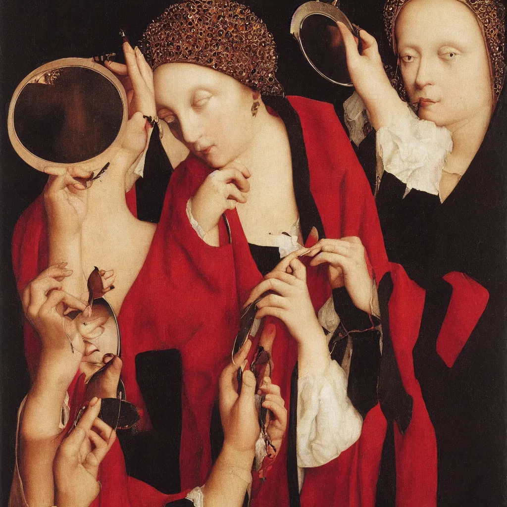Image similar to close up of a woman putting on garish make - up. mirror, moth. jan van eyck