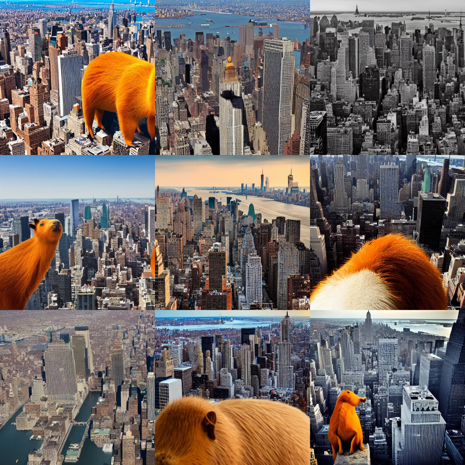 Prompt: an oversized apybara towering over new york city. orange is laying on capybara's head. wide angle shot from far away.