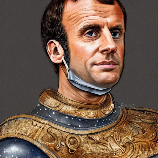 Prompt: Emmanuel macron, in Renaissance armor, high detail, realistic,