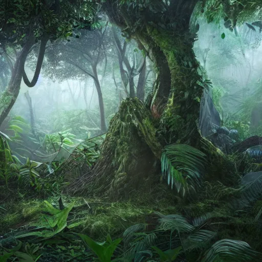 Prompt: A realistic detailed photo of a futuristic jungle, alien plants, grey sky, hidden animals, some fallen trees, foggy landscape, light particles, detailed light, realistic shaders, trending on artisation, detailed textures, detailed, realistic