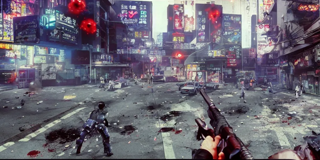 Image similar to 1991 Video Game Screenshot, Anime Neo-tokyo Cyborg bank robbers vs police, bags of money, Multiplayer set-piece, Police officers hit by bullets, Bullet Holes and Blood Splatter, Hostages, Smoke Grenades, Large Caliber Sniper Fire, Chaos, Cyberpunk, Money, Anime Bullet VFX, Machine Gun Fire, Violent Gun Action, Shootout, Highly Detailed, 8k :4 by Katsuhiro Otomo + Studio Gainax : 8