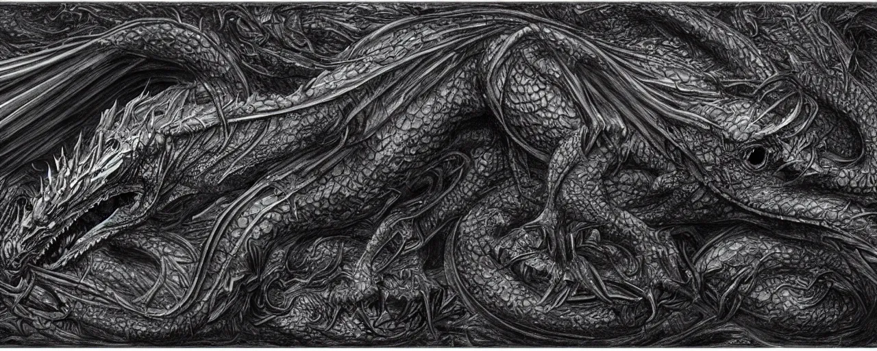 Prompt: full body, side perspective, large black scaled dragon, 3D, 8k resolution, by H R Giger