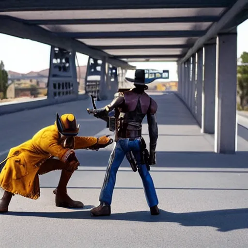 Image similar to duel between cad bane and clint eastwood on the vallecas bridge